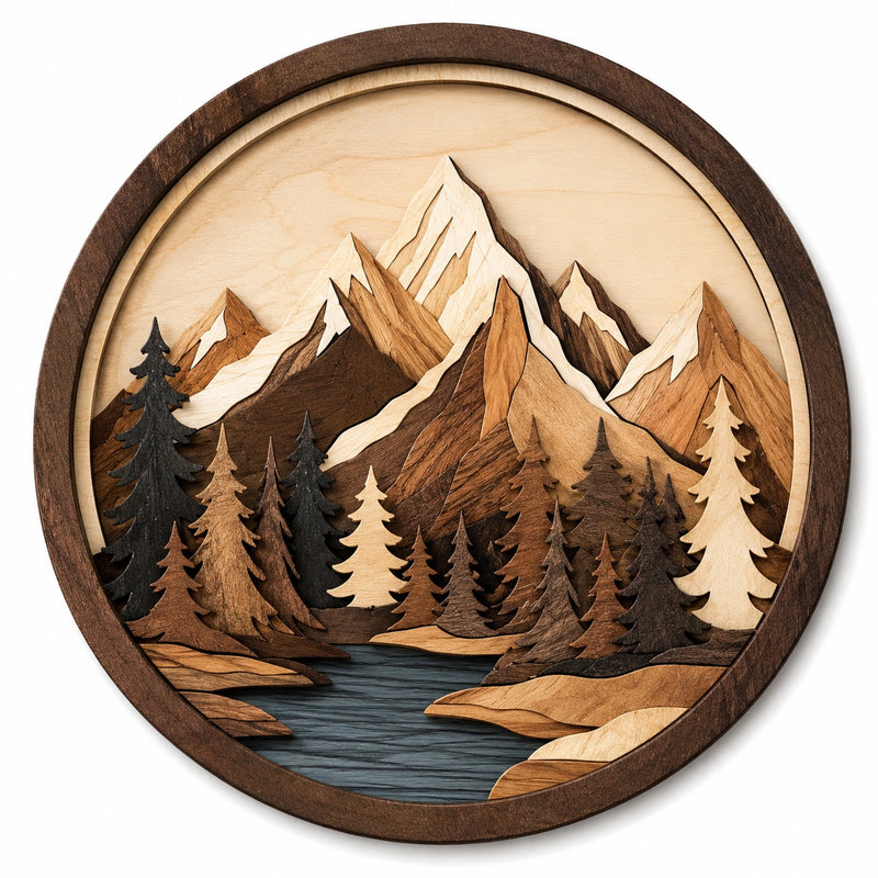 Decorazione da parete rotonda 40 cm in legno marrone naturale con paesaggio montano a rilievo