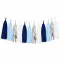 Ghirlanda con nappine 200 x 35 cm in carta blu navy azzurro bianco e argento - decorazione sospesa per feste
