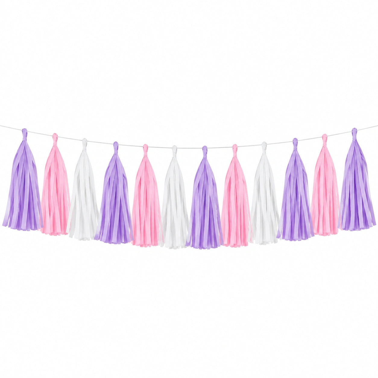 Ghirlanda decorativa 300 x 35 cm in carta velina lilla rosa e bianco con nappe per feste