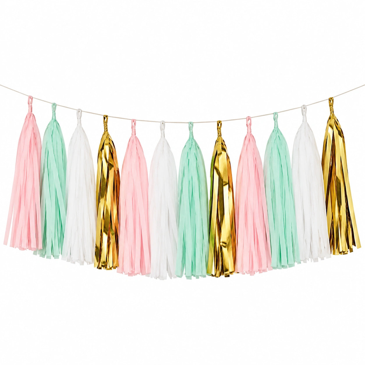 Ghirlanda decorativa con nappe 300 x 35 cm in carta rosa menta bianco oro per feste