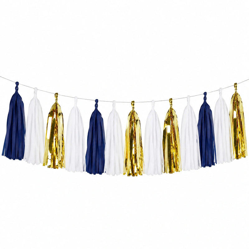 Ghirlanda di nappe 300 cm in carta blu bianco oro per feste